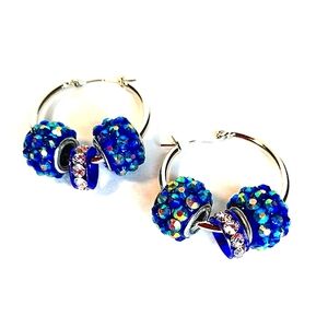 Blue Crystal Metal Lined Beaded Silver Hoop Statement Dangle Drop Earrings